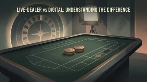 Illustration of live casino tables and digital game interfaces