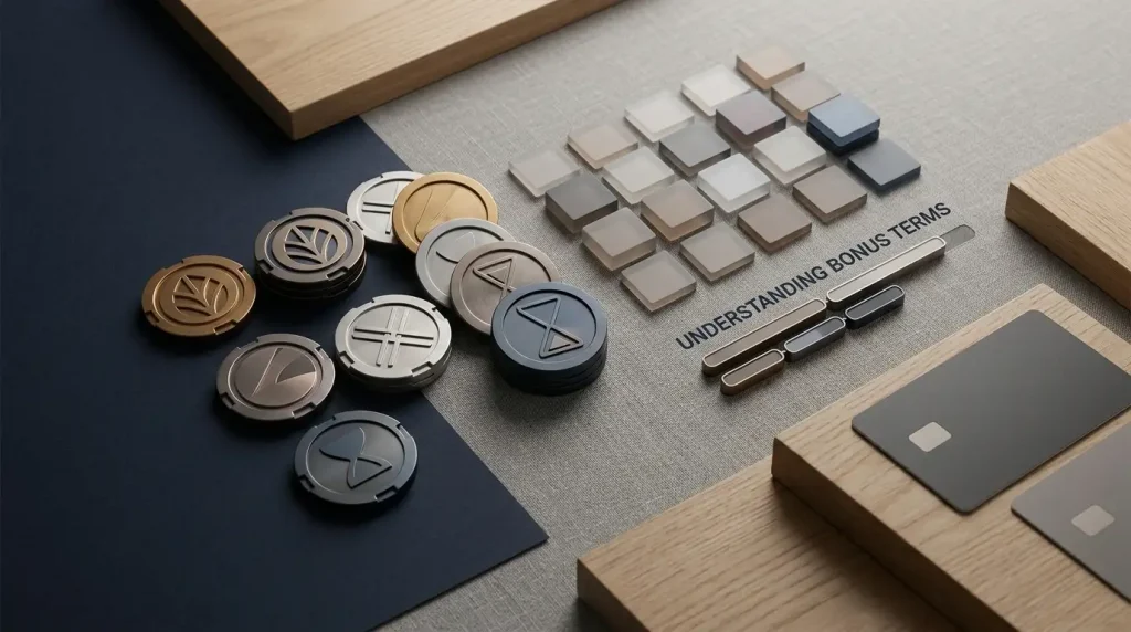Three abstract promotion tokens near an hourglass
