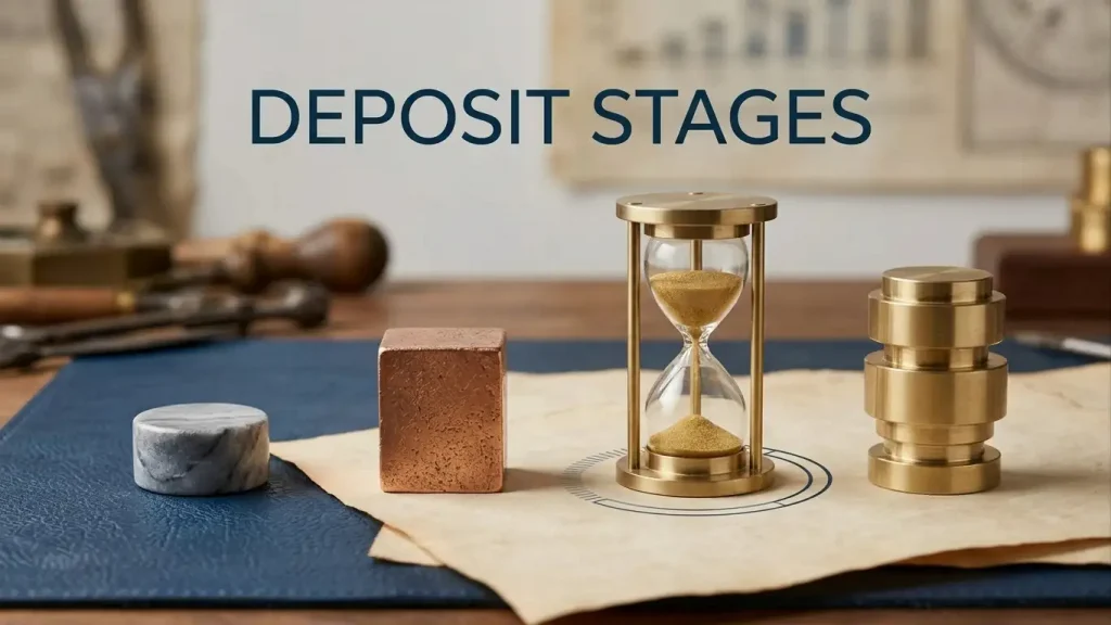 Three distinct abstract tokens beside a small hourglass