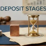 Three distinct abstract tokens beside a small hourglass