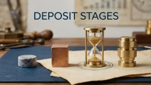 Three distinct abstract tokens beside a small hourglass